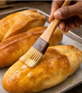 Brushing cocoa bread on a baking pan