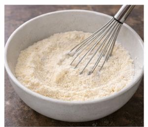 Whisking mixing dry ingredients in a bowl